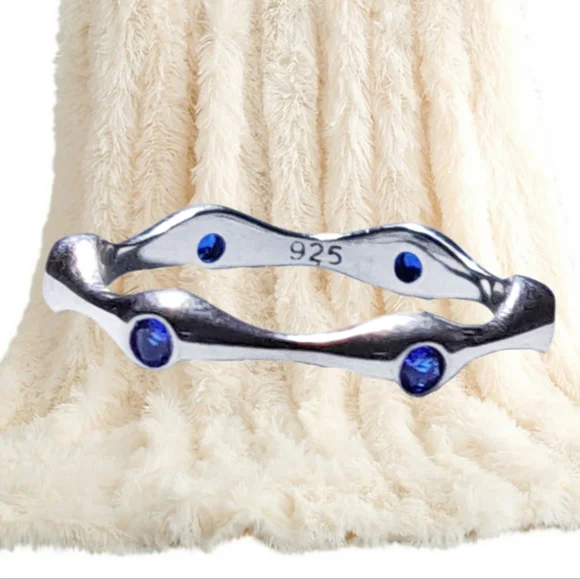 Sterling Silver Spiral Ring with Blue CZ Stones - Picture 1 of 3